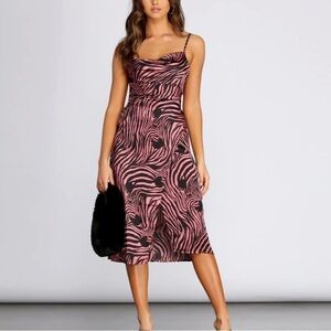 Satin Zebra Print Midi Dress